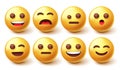 Emoji characters vector set. Smileys emoticon 3d graphic design in happy and upset facial expression isolated in white background. Royalty Free Stock Photo