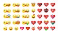 Emoji collection. High quality love, heart, and kisses emoticons isolated on a white background. Hearts, yellow smiles