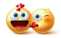 Emoji couple smileys vector concept design. Smiley 3d inlove characters in kissing gesture with romantic feelings and expression. Royalty Free Stock Photo