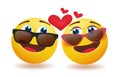 Emoji couple vector concept design. Smiley 3d inlove lovers character with eyes looking each other wearing sunglasses for smileys.