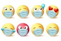 Emoji covid-19 face mask vector set. Emojis and emoticons with facial expressions and face mask