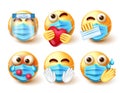 Emoji covid-19 smiley vector set. Emojis character in 3d with new normal safety guidelines elements like face masks, face shield.