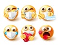 Emoji covid-19 smiley vector set. Smileys character in 3d with face mask, vaccine and thermometer elements for pandemic safety.