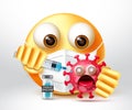 Emoji covid-19 vaccine vector design. Emoticons 3d character killing virus by injecting vaccine for pandemic vaccination campaign. Royalty Free Stock Photo