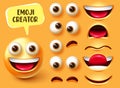 Emoji creator vector set design. Emoticon 3d character kit with editable face elements like eyes and mouth for emojis.