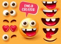 Emoji creator vector set design. Emoticon 3d in funny and happy character facial expression with editable kit like eyes, teeth.