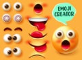 Emoji creator vector set. Emojis 3d character kit in facial expressions of surprised with editable face elements like eyes.
