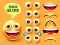 Emoji creator vector set. Emoticon 3d character in facial expressions of happy, sad and angry with editable eyes and mouth element
