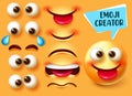 Emoji creator vector set. Emoticon 3d character kit with editable face parts like eyes and mouth for happy and funny emojis.