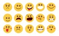 Emoji cute characters vector set design. Emoticon flat emoji faces in kawaii eyes with happy, smiling and blushing faces reaction. Royalty Free Stock Photo