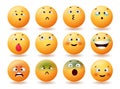 Emoji cute emoticons vector set design. Emoticon character faces with cross eyes, happy, smiling and angry reaction for emojis.