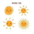 Emoji doodle sun collection, smiling sign of summer, good weather. Cartoon morning symbol Royalty Free Stock Photo