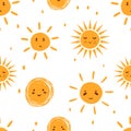 Emoji doodle sun seamless pattern, smiling sign of summer, good weather. Cartoon morning design Royalty Free Stock Photo