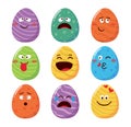 Emoji easter eggs vector set design. Easter season emoticons in oval shape colorful pattern with funny and cute facial expression. Royalty Free Stock Photo
