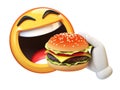 Emoji eating burger isolated on white background, hungry emoticon 3d rendering