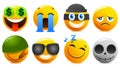 Emoji and emoticon faces vector set. Emojis or emoticons with crazy, surprise, funny, laughing, and scary expressions