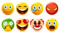 Emoji and emoticon faces vector set. Emojis or emoticons with crazy, surprise, funny, laughing, and scary expressions