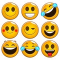 Emoji and emoticon faces vector set. Emojis or emoticons with crazy, surprise, funny, laughing, and scary expressions