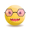 Emoji emoticon round with a big smile, hexagonal pink glasses with a black frame. Royalty Free Stock Photo