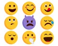 Emoji emoticons character vector set. Smileys flat emojis with smiling, devil and crying characters isolated in white background.