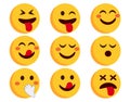 Emoji emoticons vector set. Smileys flat characters in blushing, crazy and happy emoticon side view face reaction isolated. Royalty Free Stock Photo