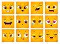 Emoji face collection. Funny cartoon comic square yellow faces on white background.