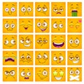 Emoji face. Funny square cartoon yellow faces set. Comic stickers collection.