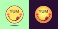 Emoji face icon with phrase Yum. Enjoyable emoticon with tongue and text Yum. Set of cartoon faces, emotion icon