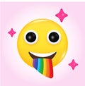 Emoji face joyful spews a rainbow from the mouth. Emoticon yellow glossy sticker. Realistic 3d design in plastic cartoon