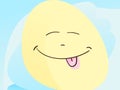 Emoji face with small closed eyes and its tongue playfully sticking out on big yellow sun shape on blue sky