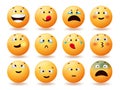 Emoji funny characters vector set. Emoticon emojis with crazy, crying and smiling expression in cross eyed faces for fun. Royalty Free Stock Photo