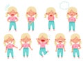 Emoji Girl with Ponytails Feeling Sadness and Excitement Vector Illustration Set