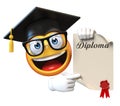 Emoji graduate student isolated on white background,emoticon wearing graduation cap holding diploma 3d rendering