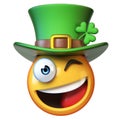 Emoji with green St. Patrick`s Day hat with four-leaf clover, Irish emoticon isolated on white background 3d rendering Royalty Free Stock Photo