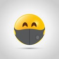 Emoji with grey mouth respiratory mask. Yellow emoji icon on grey template. Medical face mask. Vector