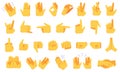 Emoji hand gestures. Different hands signals and signs, ok and victory, peace and handshake, applause, gesture symbols