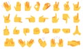Emoji hand gestures. Different hands signals and signs, ok and victory, peace and handshake, applause, gesture symbols vector