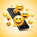 Emoji happy smiley design with mobile phone. 3d emotion concept illustration