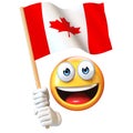 Emoji holding Canadian flag, emoticon waving national flag of Canada 3d rendering