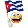 Emoji holding Cuban flag, emoticon waving national flag of Cuba 3d rendering