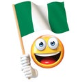 Emoji holding Nigerian flag, emoticon waving national flag of Nigeria 3d rendering