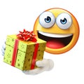 Emoji holding present, emoticon with gift box, 3d rendering