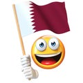 Emoji holding Qatar flag, emoticon waving national flag of Qatar 3d rendering