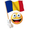 Emoji holding Romanian flag, emoticon waving national flag of Romania 3d rendering