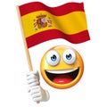 Emoji holding Spanish flag, emoticon waving national flag of Spain 3d rendering