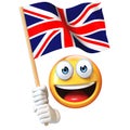 Emoji holding Union Jack flag, emoticon waving national flag of Great Britain 3d rendering Royalty Free Stock Photo
