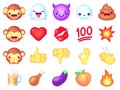 Emoji icons. Cute smiley, emoticons happy and angry face, comic turd. Eggplant, monkey collection, hand and kiss lips