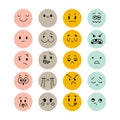 Emoji icons. Set of hand drawn funny smiley faces. Sketched facial expressions set. Happy kawaii style. Collection of cartoon Royalty Free Stock Photo