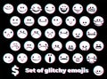 Emoji icons set with smiling face, angry face, masked and censored faces with glitch style Royalty Free Stock Photo