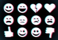 Emoji icons set with smiling face, thumbs up and heart with glitch style